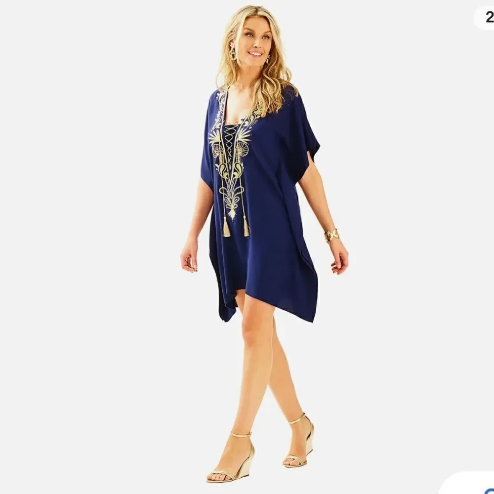 Lilly Pulitzer Chai Caftan Mini Dress Navy Blue XS